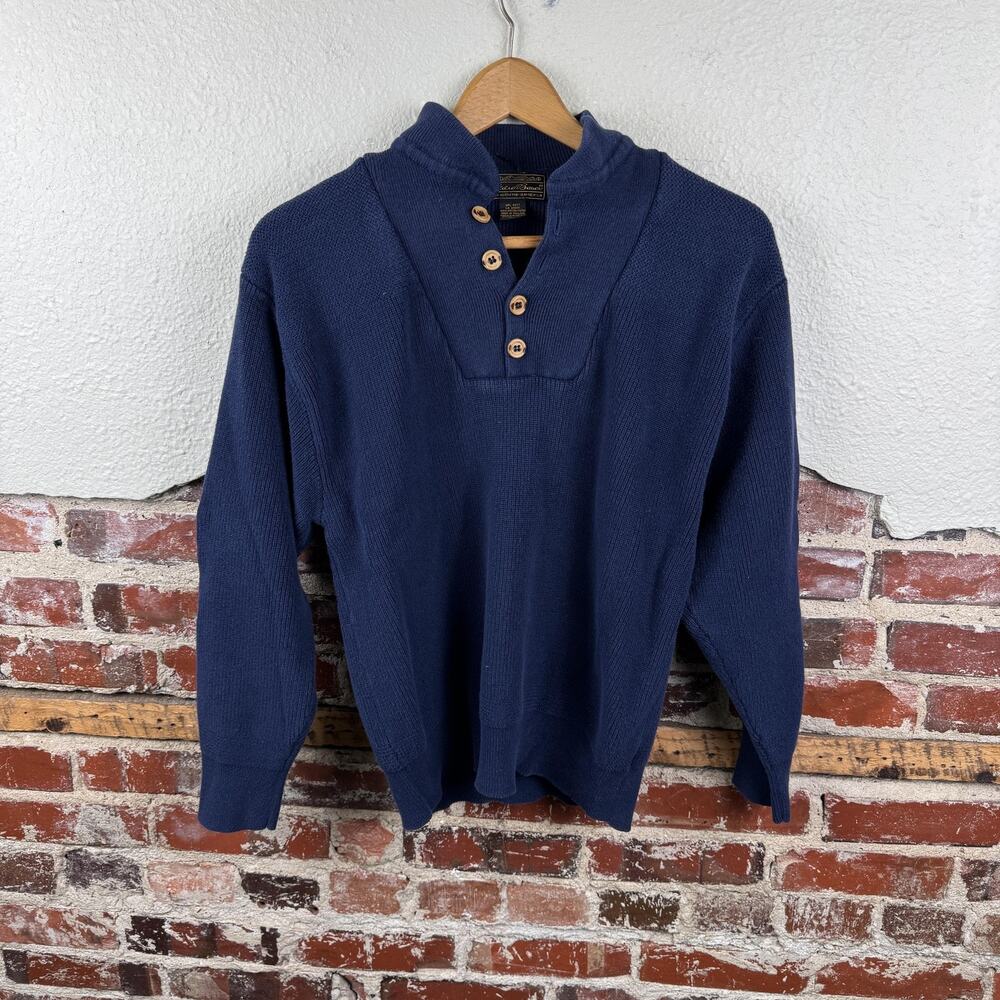 Vintage Eddie Bauer Sweater Mens Large Blue Cotton Shawl Collar Henley Pullover